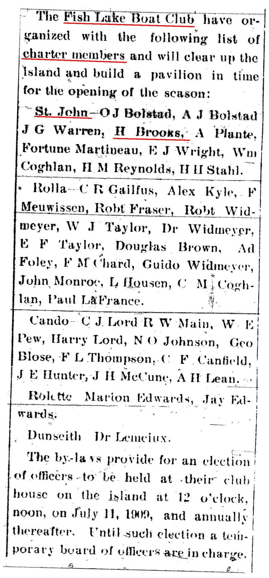 FISH LAKE BOAT CLUB 1909 CHARTER MEMBERS 